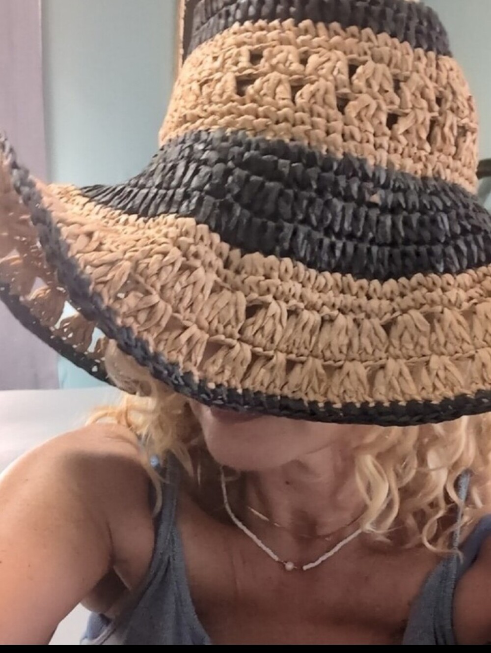 Urban Outfitters "Kimchi Blue" Floppy Crochet Straw Hat - Black and Tan